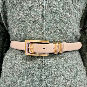 VTG Cream White Leather Belt Two-Tone Gold Silver Mixed Metal Buckle Thin,Size M
